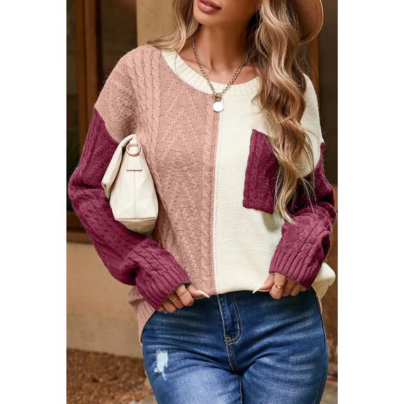 NEW LITTLE DAISY CLOSET colorblock patched pocket drop shoulder sweater in berry - Picture 1 of 3